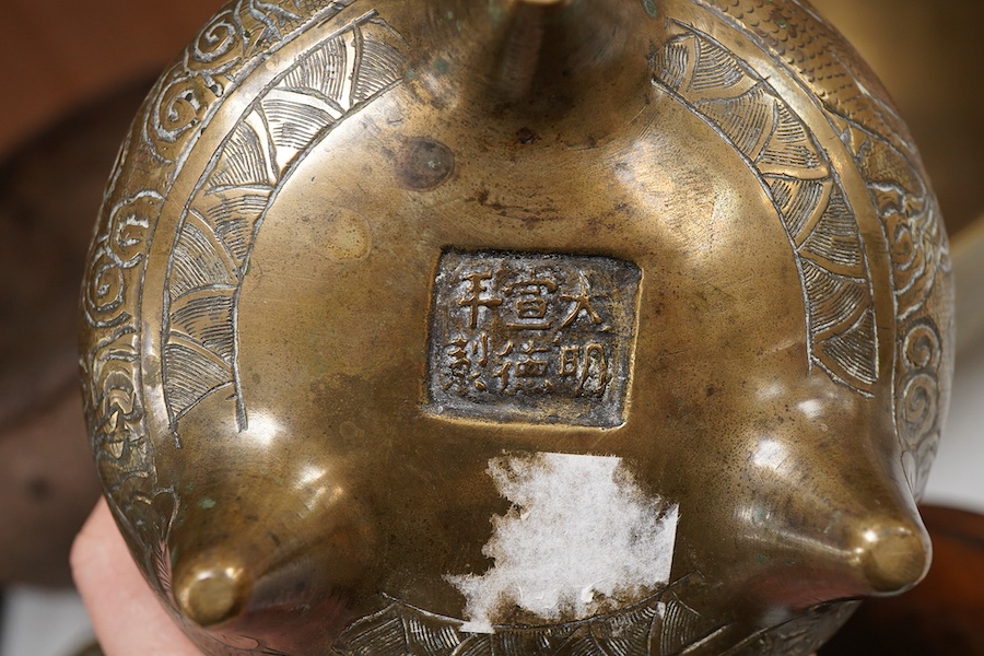 A Chinese bronze bowl, cover and bowl, mustard canister pot, largest bowl 24cm diameter